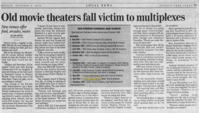 Movies at Twelve Oaks - October 2000 Artilce On Theater Closings